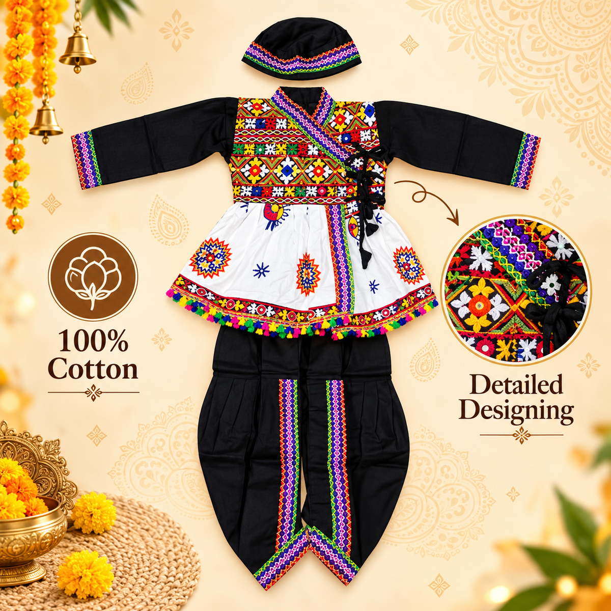 Boys Traditional Black Angrakha Style Embroidered Dhoti Set with Cap – 100% Cotton
