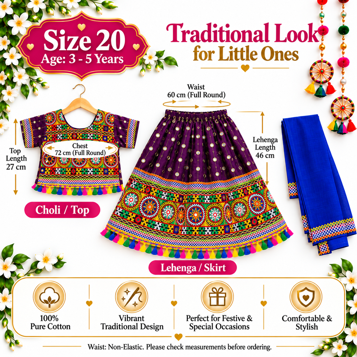 Girls Purple Traditional Lehenga Choli Set with Royal Blue Dupatta – 100% Pure Cotton Festive Wear