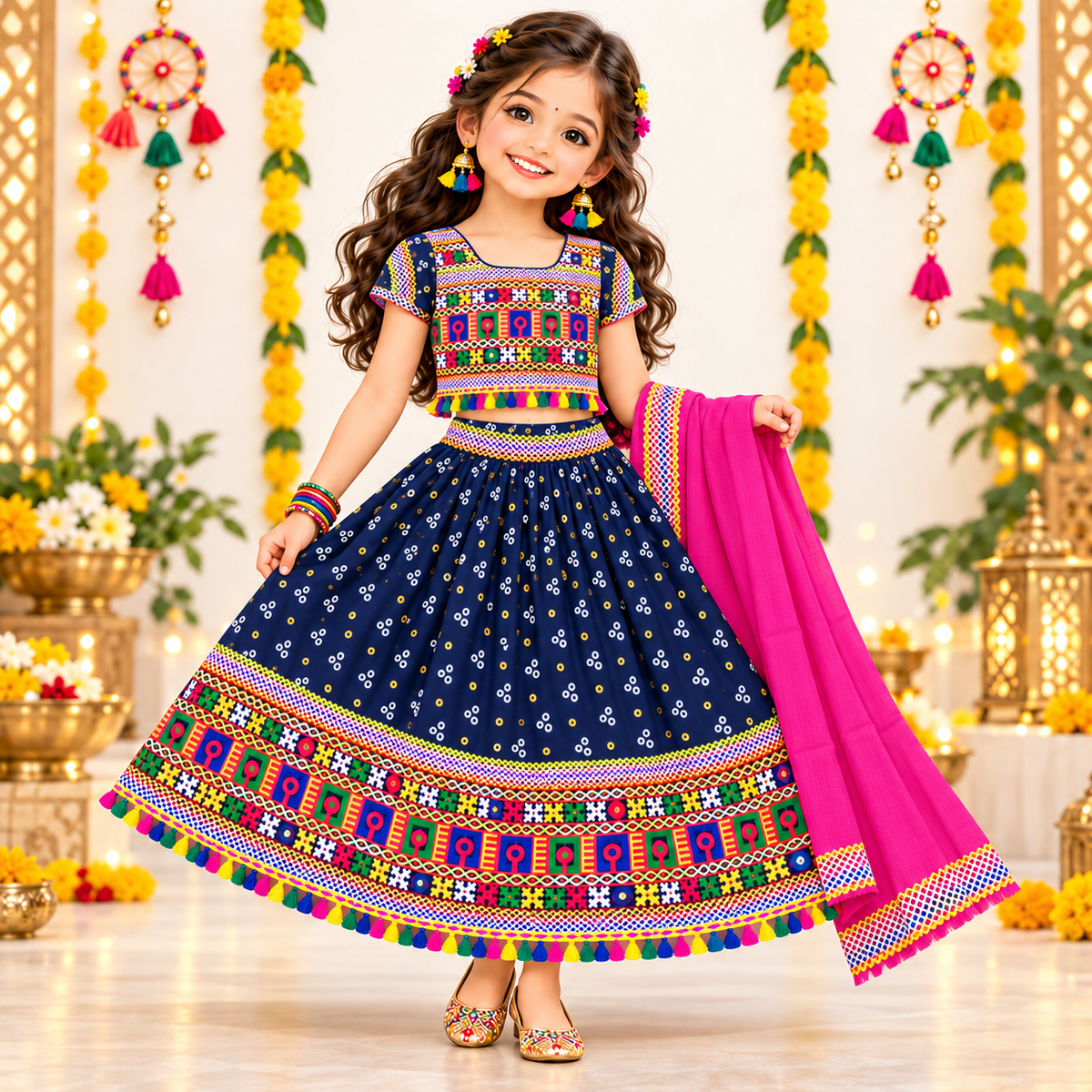 Girls Navy Blue Pure Cotton Ghagra Choli Set with Pink Dupatta – Traditional Navratri Lehenga