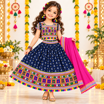 Girls Navy Blue Pure Cotton Ghagra Choli Set with Pink Dupatta – Traditional Navratri Lehenga