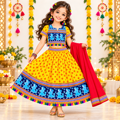 Girls Yellow & Blue Pure Cotton Garba Lehenga Choli Set with Red Dupatta