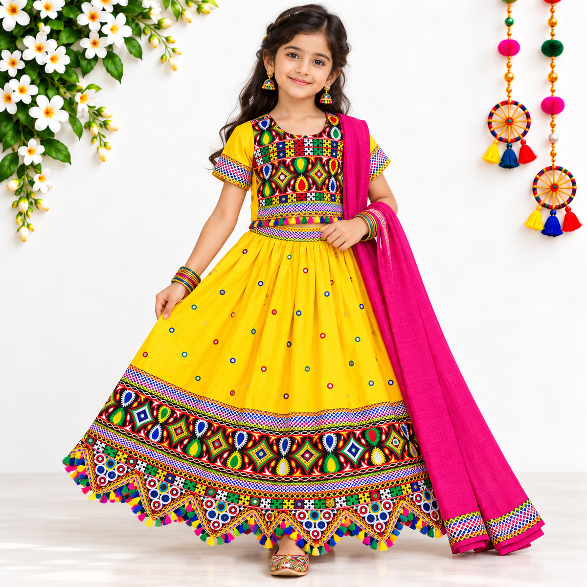 Girls Yellow Multicolor Pure Cotton Garba Lehenga Choli Set with Pink Dupatta