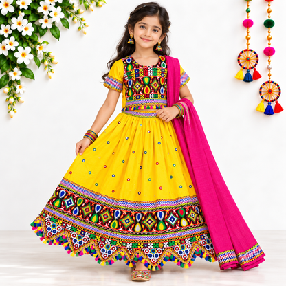 Girls Yellow Multicolor Pure Cotton Garba Lehenga Choli Set with Pink Dupatta