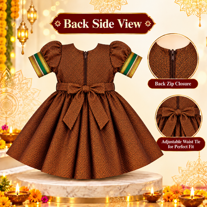 Girls Copper Brown Designer Paithani Frock with Golden Border | Baby Girls Traditional Party Wear