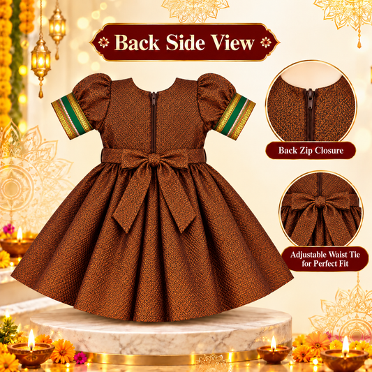 Girls Copper Brown Designer Paithani Frock with Golden Border | Baby Girls Traditional Party Wear