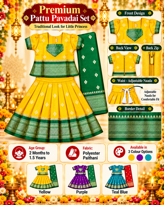 Girls Sunshine Yellow Pattu Pavadai Set with Green Dupatta | Premium Traditional Indian Ethnic Wear