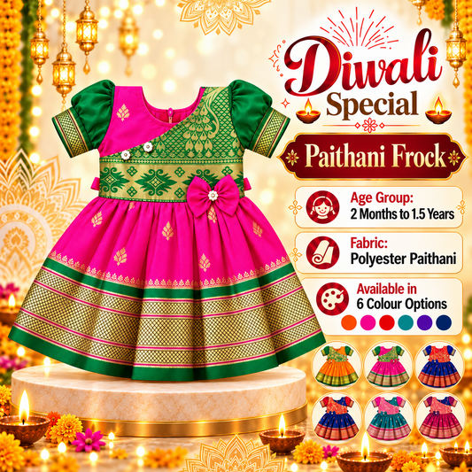 Girls Rani Pink & Green Royal Brocade Paithani Frock | Golden Border Ethnic Party Dress
