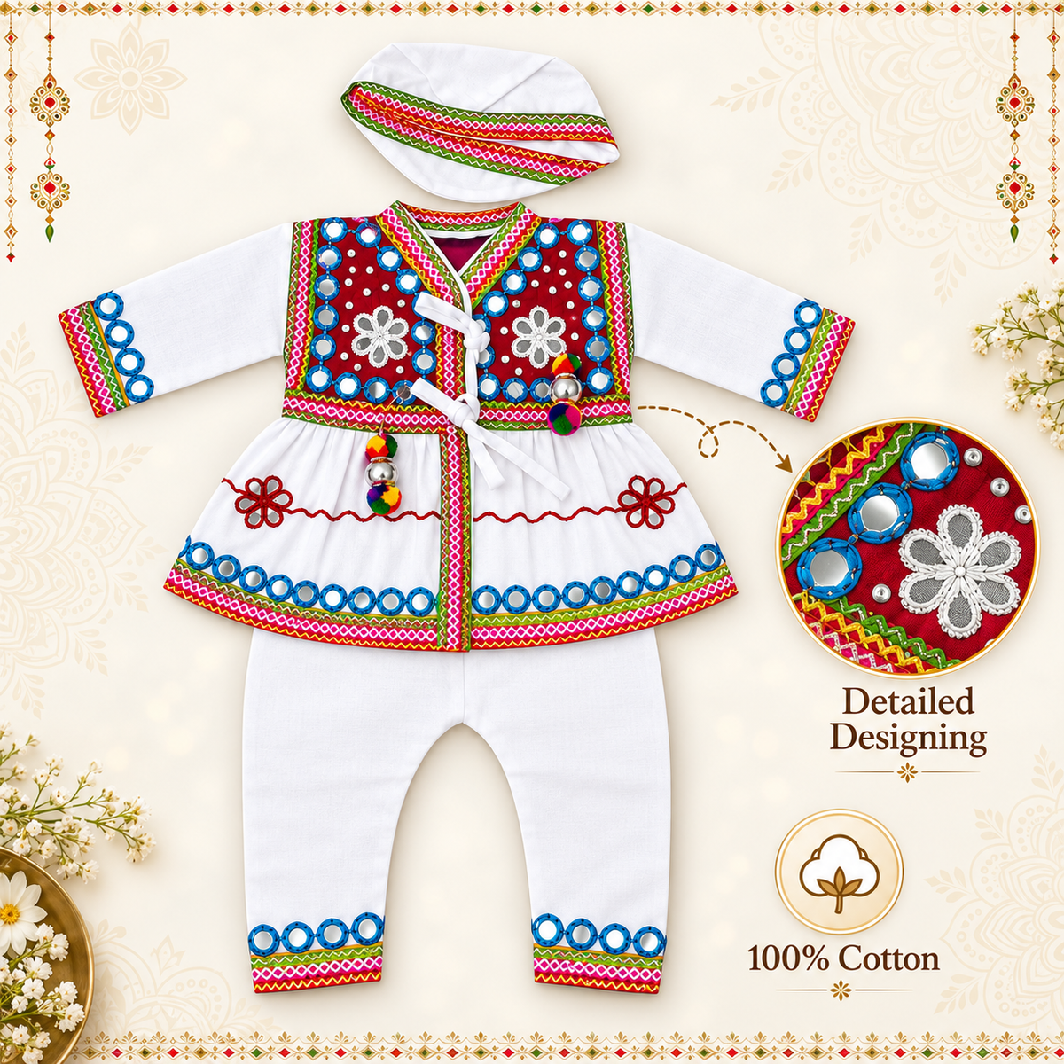Boys Traditional Kutchi Mirror Work Kurta Pant Set with Cap – 100% Cotton