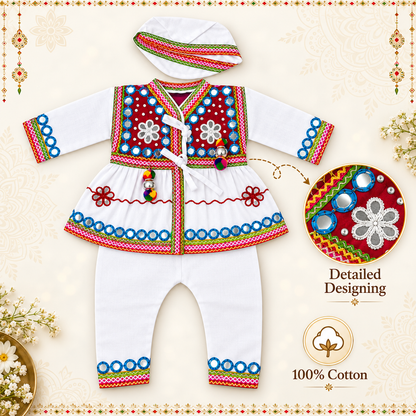 Boys Traditional Kutchi Mirror Work Kurta Pant Set with Cap – 100% Cotton