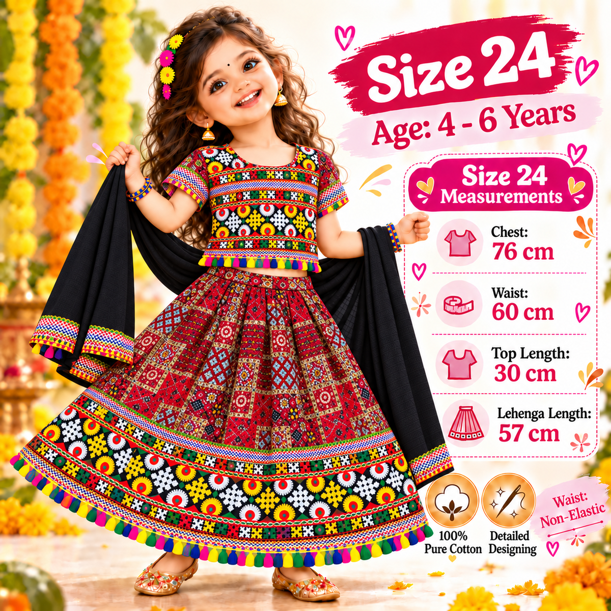 Girls Maroon Multicolor Pure Cotton Patchwork Lehenga Choli Set with Black Dupatta