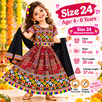 Girls Maroon Multicolor Pure Cotton Patchwork Lehenga Choli Set with Black Dupatta