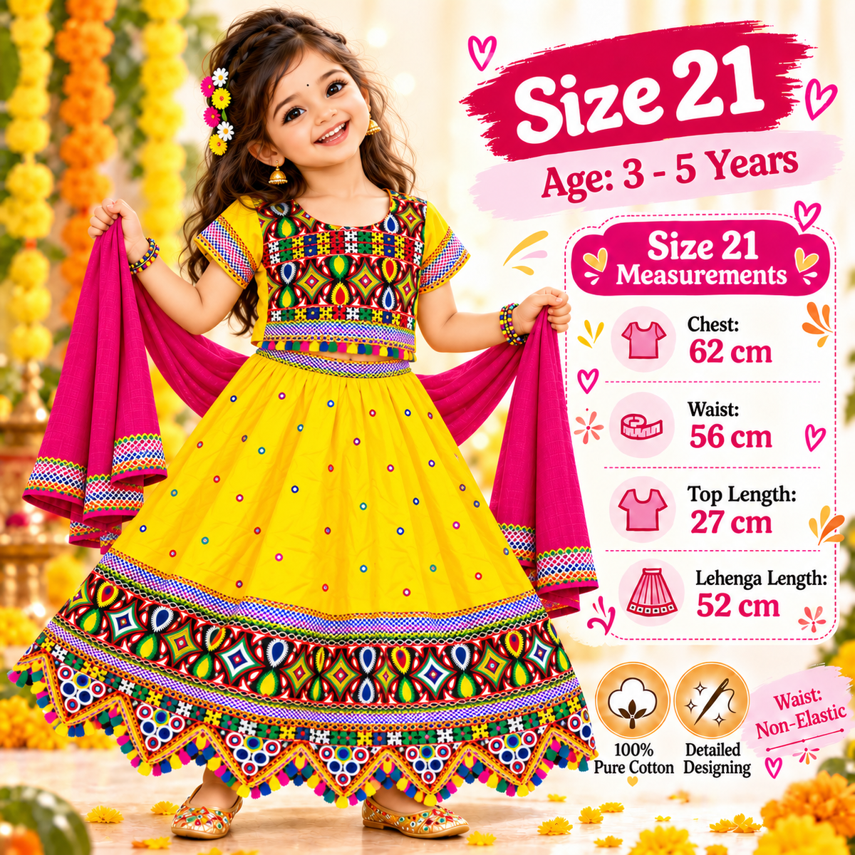 Girls Yellow Multicolor Pure Cotton Garba Lehenga Choli Set with Pink Dupatta