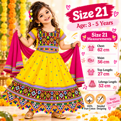 Girls Yellow Multicolor Pure Cotton Garba Lehenga Choli Set with Pink Dupatta