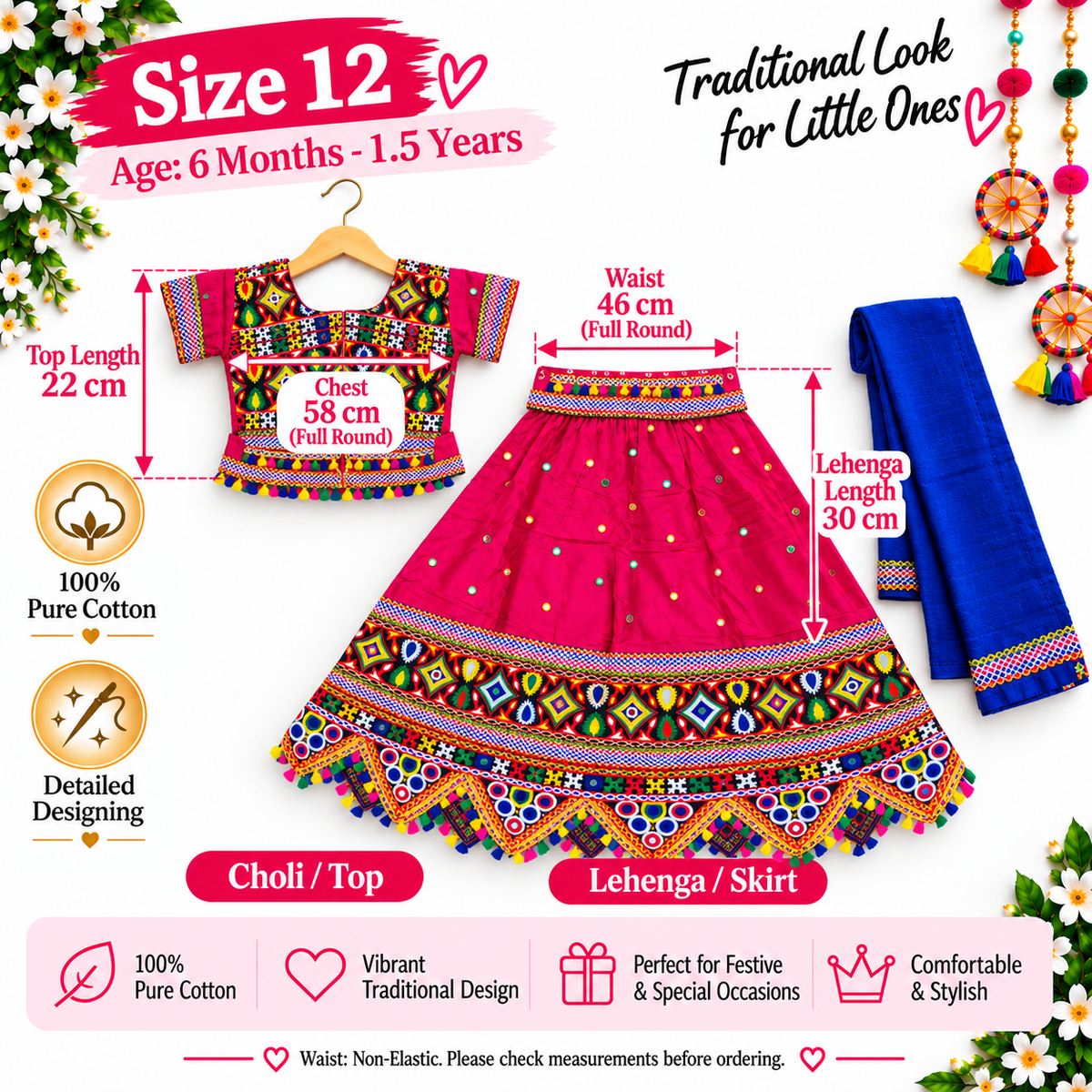 Girls Pink Multicolor Pure Cotton Garba Lehenga Choli Set with Royal Blue Dupatta