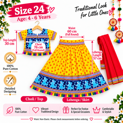 Girls Yellow & Blue Pure Cotton Garba Lehenga Choli Set with Red Dupatta
