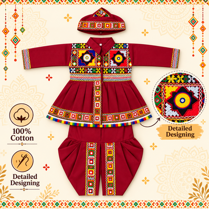 Premium Boys Traditional Maroon Kutchi Embroidered Dhoti Kurta Set with Cap – 100% Cotton