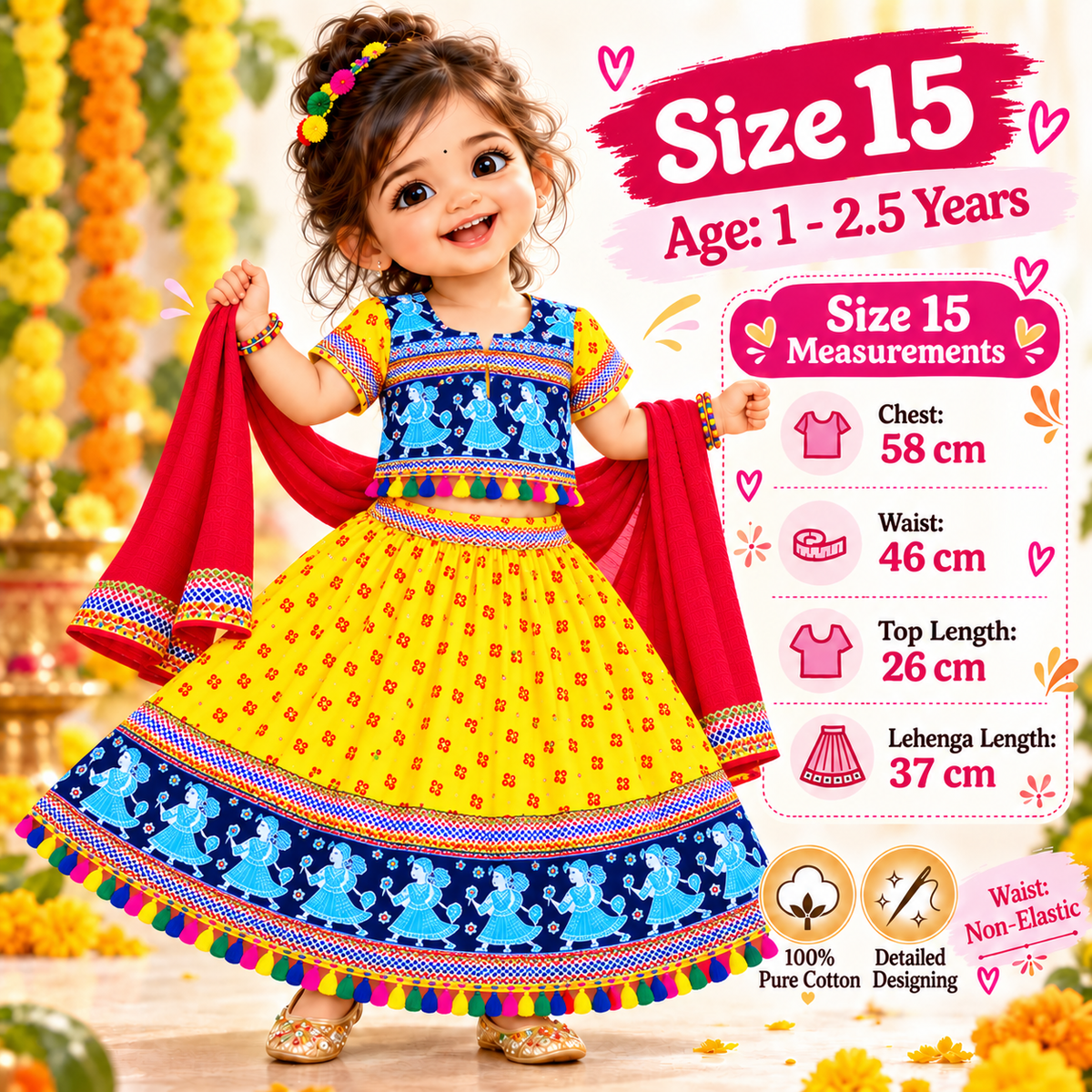 Girls Yellow & Blue Pure Cotton Garba Lehenga Choli Set with Red Dupatta