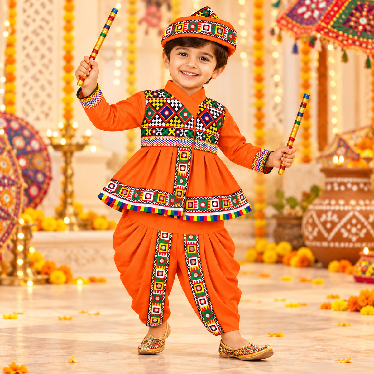Premium Boys Traditional  Orange Kutchi Embroidered Dhoti Kurta Set with Cap – 100% Cotton