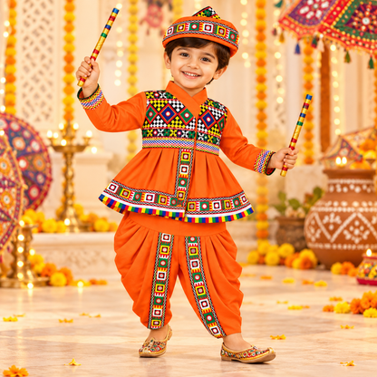 Premium Boys Traditional  Orange Kutchi Embroidered Dhoti Kurta Set with Cap – 100% Cotton