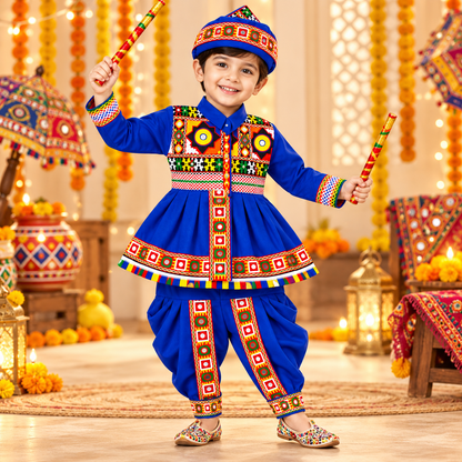 Premium Boys Royal Blue Traditional Kutchi Embroidered Dhoti Kurta Set with Cap – 100% Cotton
