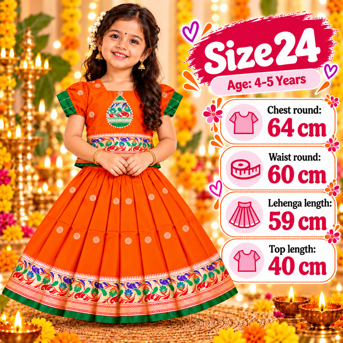 Girls Orange Peacock Design Pattu Pavadai Lehenga Set | Traditional Indian Festive & Wedding Wear