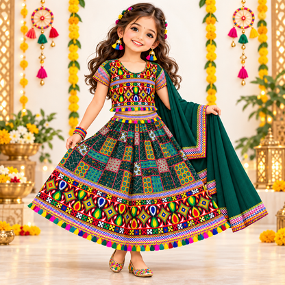 Girls Dark Green Multicolor Pure Cotton Patchwork Lehenga Choli Set with Green Dupatta