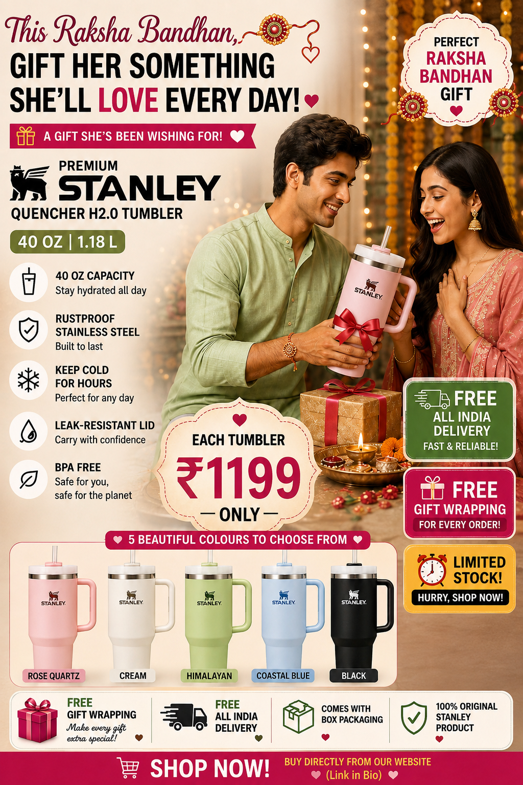 Stanley Insulated Tumbler (1.18L) – Perfect Gift for Girlfriend and Sisters| Premium Leakproof Travel Mug