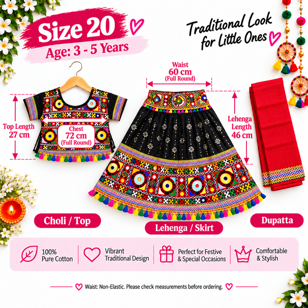 Girls Black Traditional Lehenga Choli Set with Red Dupatta – 100% Pure Cotton Festive Wear