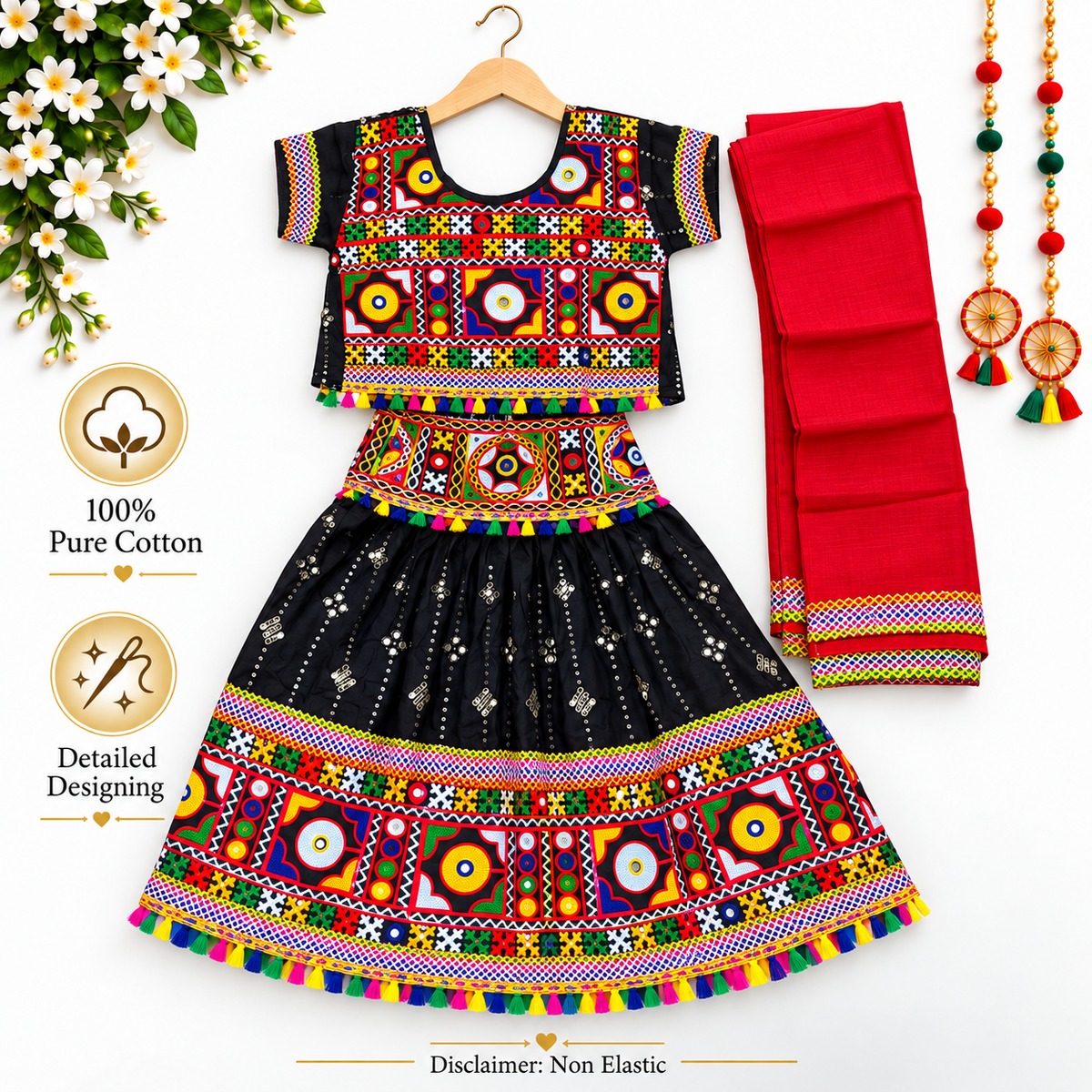 Girls Black Traditional Lehenga Choli Set with Red Dupatta – 100% Pure Cotton Festive Wear