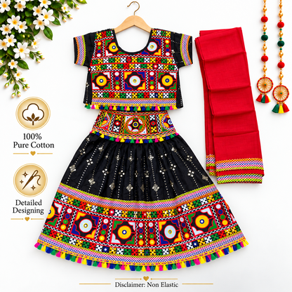 Girls Black Traditional Lehenga Choli Set with Red Dupatta – 100% Pure Cotton Festive Wear