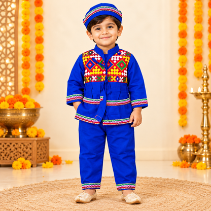 Boys Traditional Royal Blue Kutchi Embroidered Kurta Pant Set with Cap – 100% Cotton