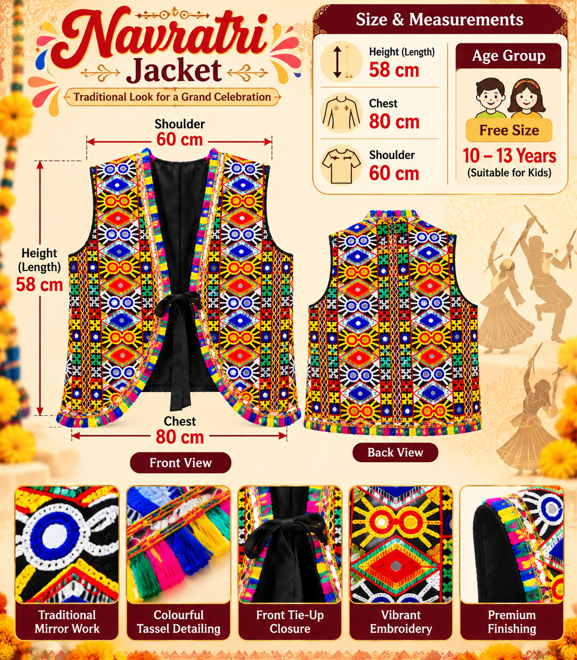 Kids Navratri Kutch Embroidered Jacket | Multicolour Traditional Mirror Work & Tassel Jacket | Free Size