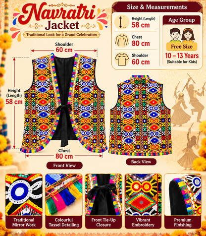 Kids Navratri Kutch Embroidered Jacket | Multicolour Traditional Mirror Work & Tassel Jacket | Free Size