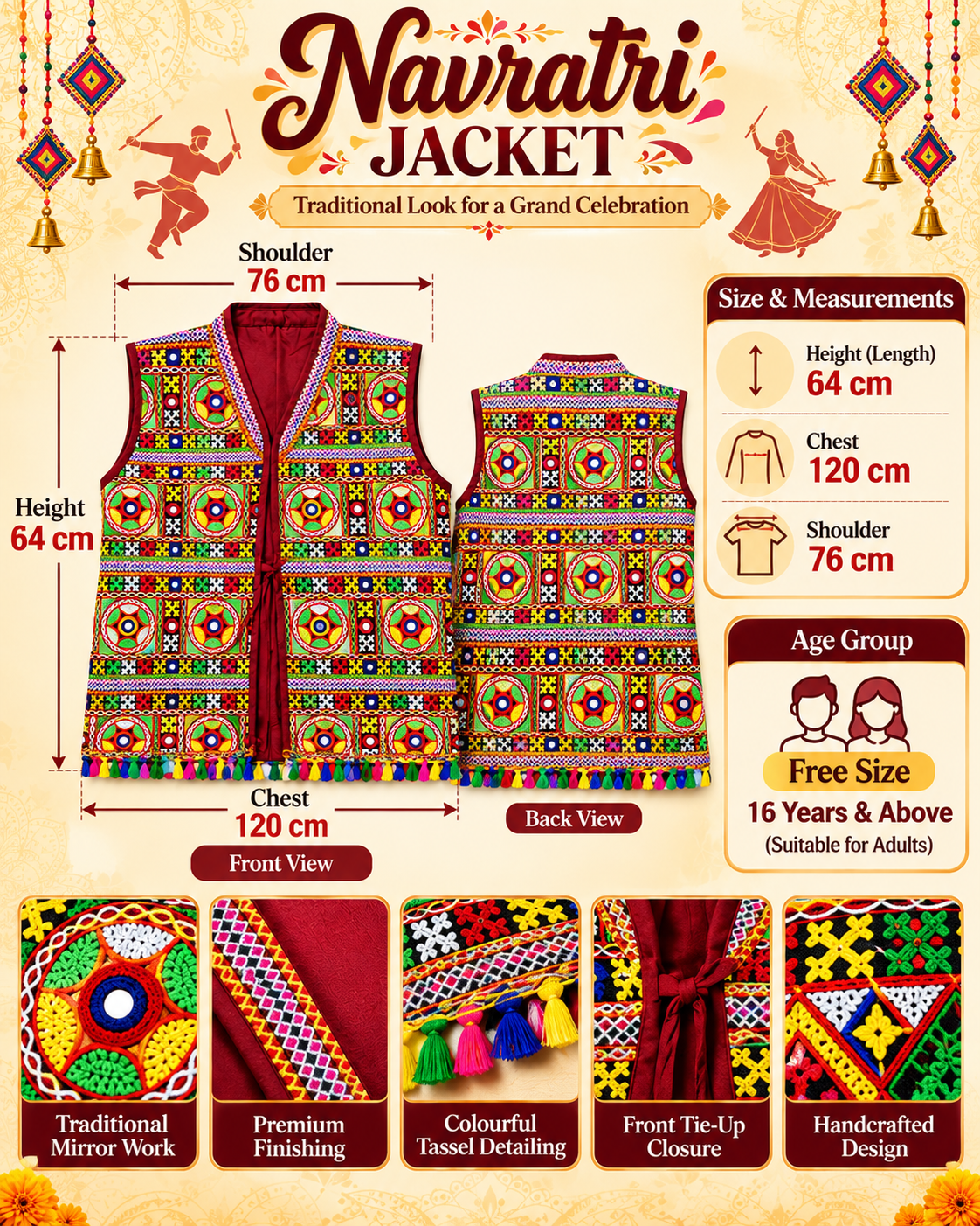 Traditional Navratri Gujarati Kutch Embroidered Jacket | Multicolour Mirror Work | Free Size (16 Years & Above)