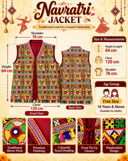 Traditional Navratri Gujarati Kutch Embroidered Jacket | Multicolour Mirror Work | Free Size (16 Years & Above)