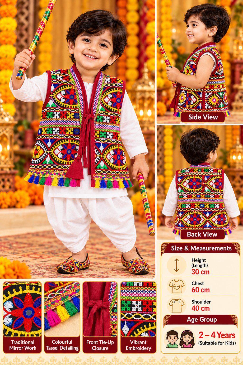 Kids Navratri Kutch Embroidered Jacket | Multicolour Traditional Mirror Work & Tassel Jacket | 1-2 Years