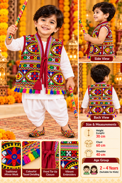 Kids Navratri Kutch Embroidered Jacket | Multicolour Traditional Mirror Work & Tassel Jacket | 1-2 Years