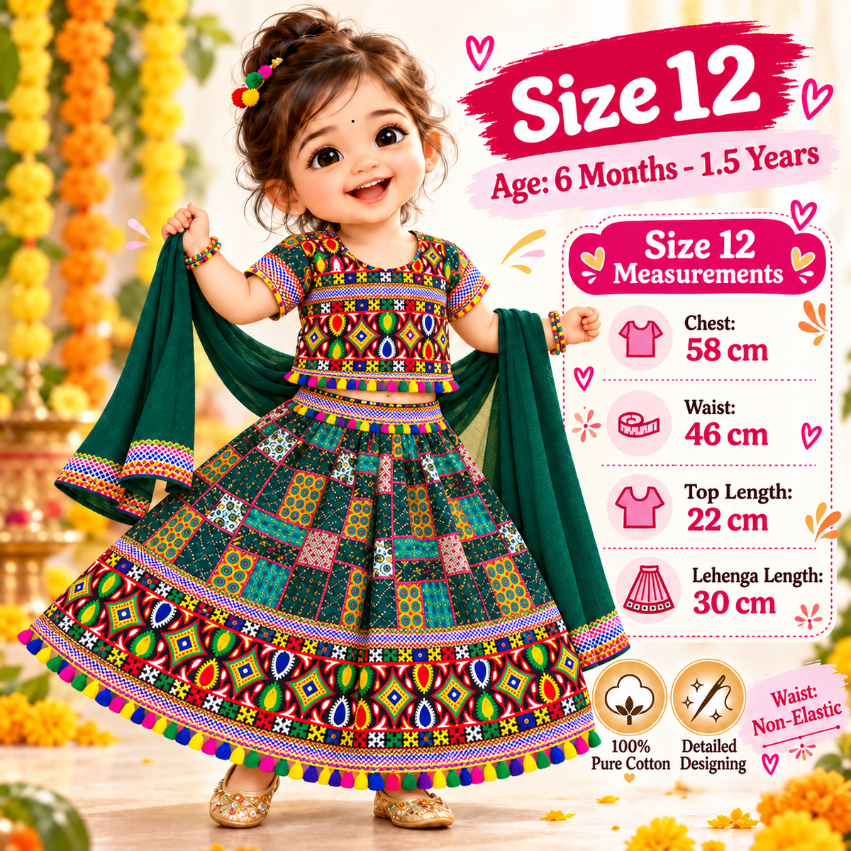 Girls Dark Green Multicolor Pure Cotton Patchwork Lehenga Choli Set with Green Dupatta