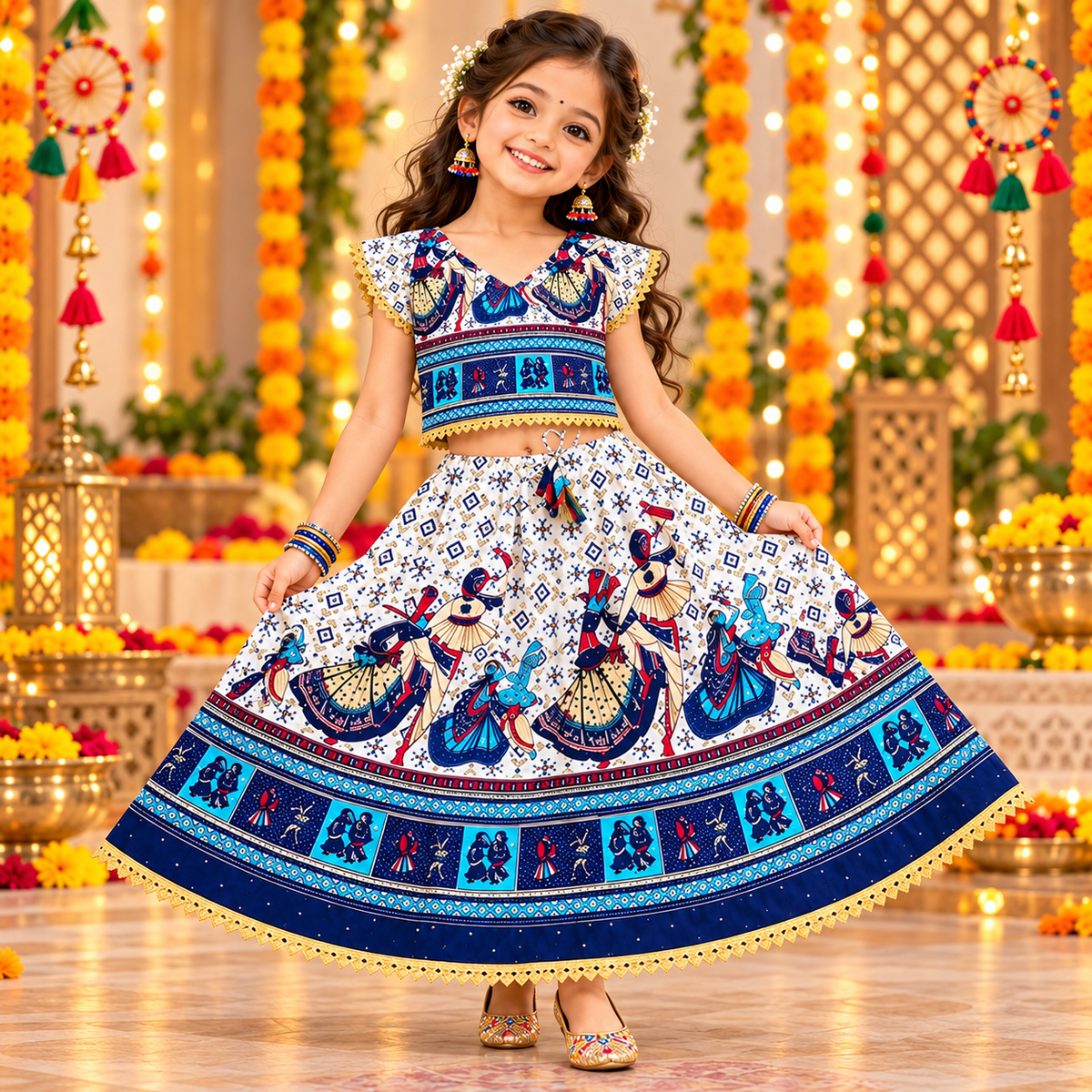 Royal Blue Radha Krishna Print Navratri Lehenga Choli Set for Girls