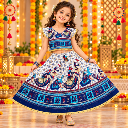 Royal Blue Radha Krishna Print Navratri Lehenga Choli Set for Girls