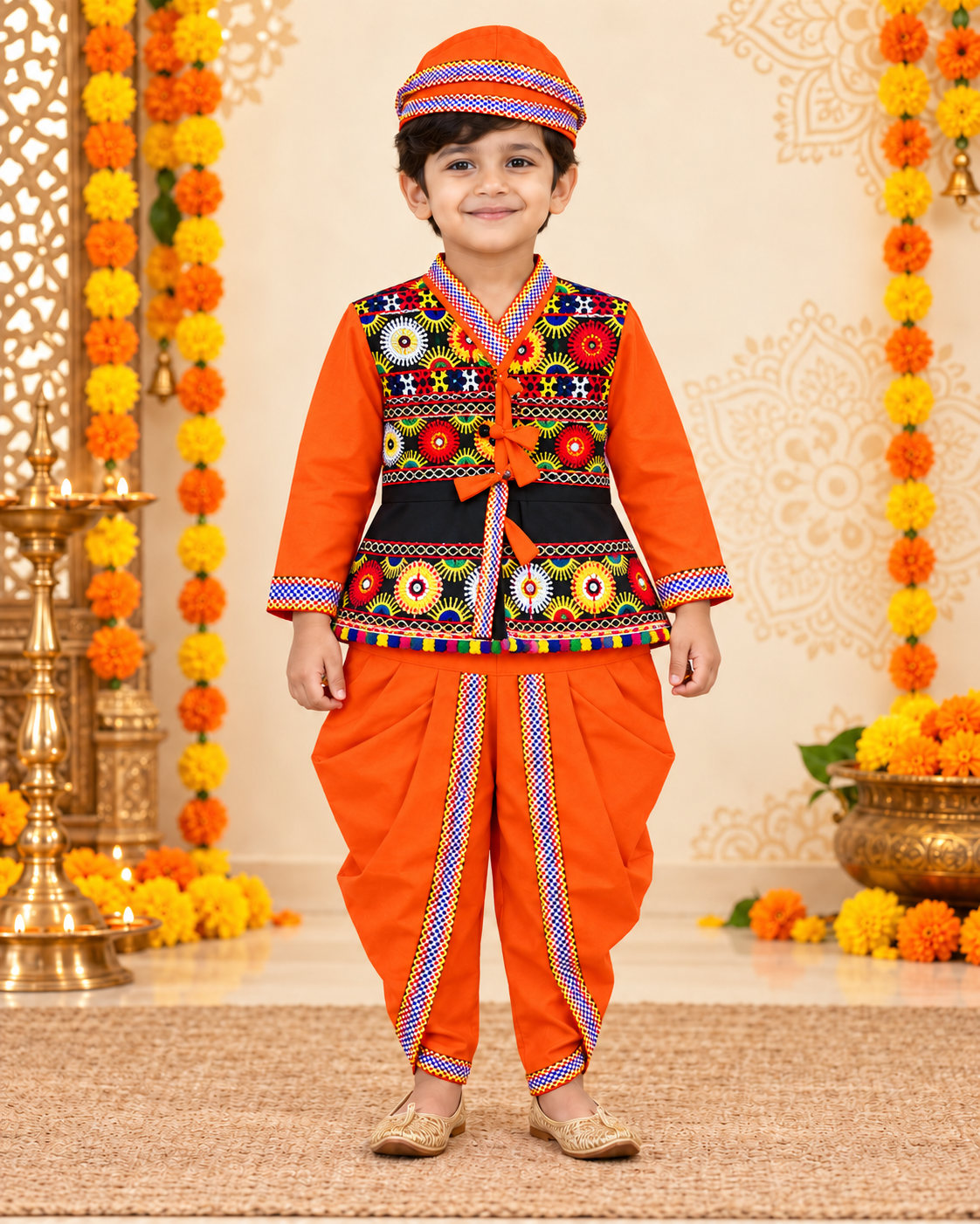 Premium Boys Festive Orange Embroidered Jacket Dhoti Set with Matching Cap – 100% Cotton