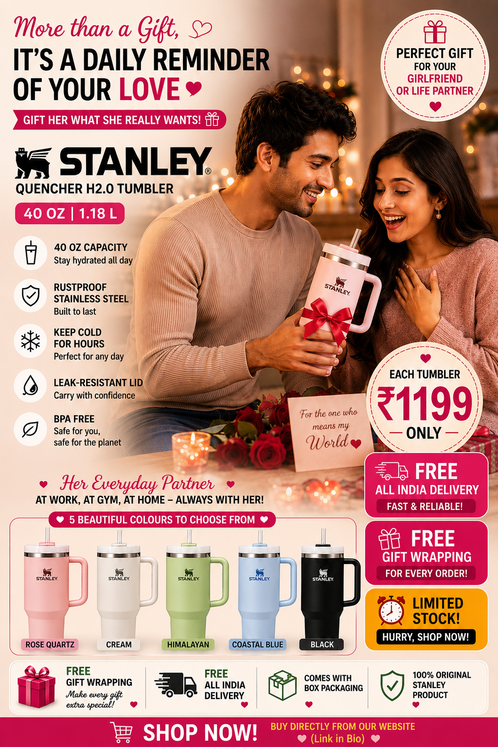 Stanley Insulated Tumbler (1.18L) – Perfect Gift for Girlfriend and Sisters| Premium Leakproof Travel Mug