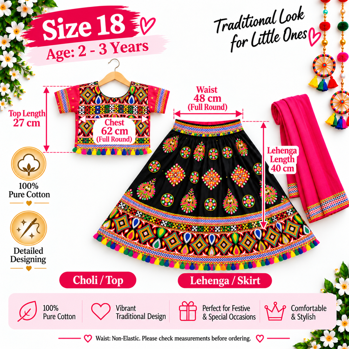 Girls Black Multicolor Pure Cotton Garba Lehenga Choli Set with Pink Dupatta