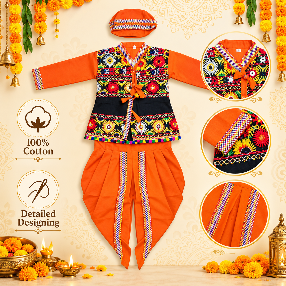 Premium Boys Festive Orange Embroidered Jacket Dhoti Set with Matching Cap – 100% Cotton