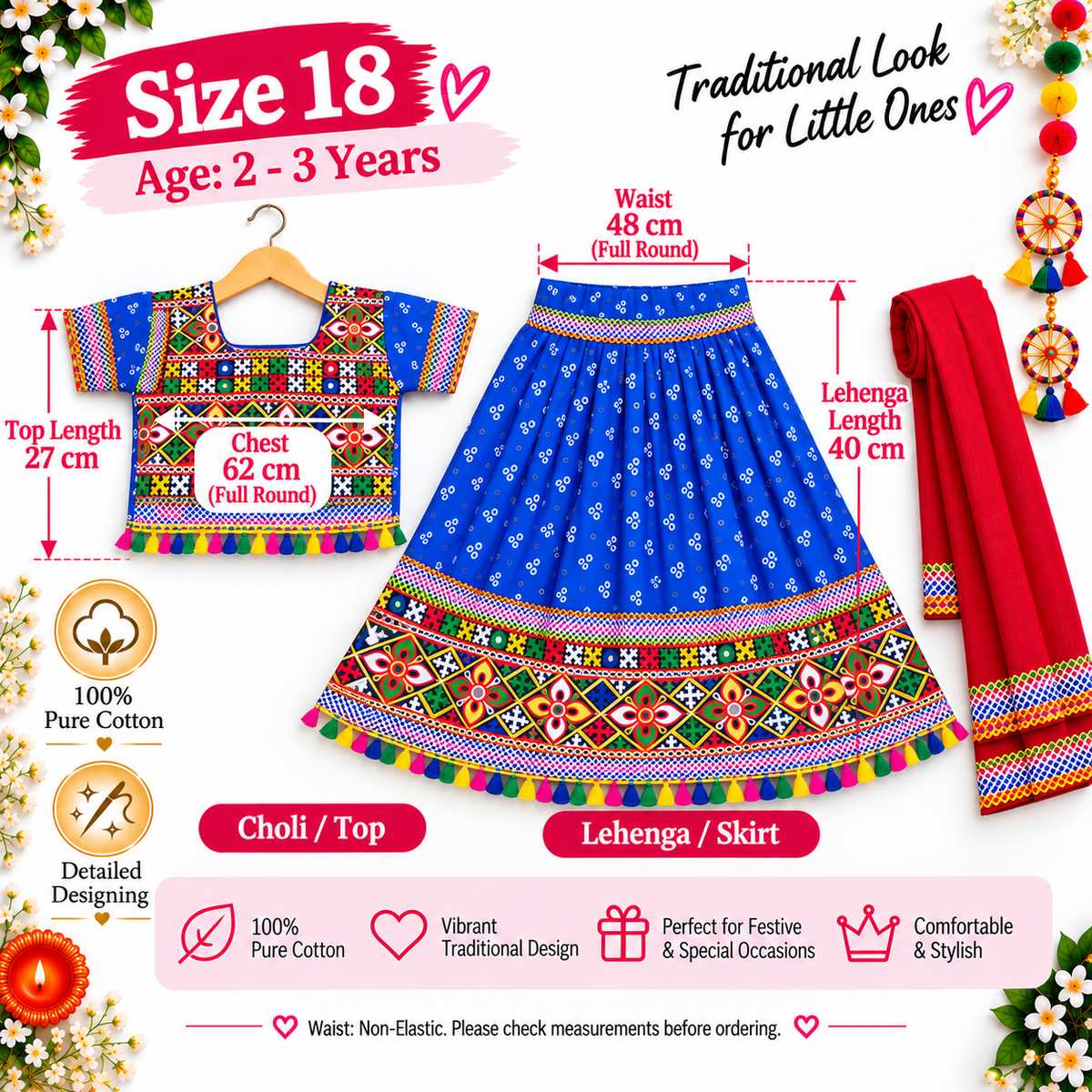 Girls Royal Blue Pure Cotton Ghagra Choli Set with Red Dupatta – Traditional Navratri Lehenga
