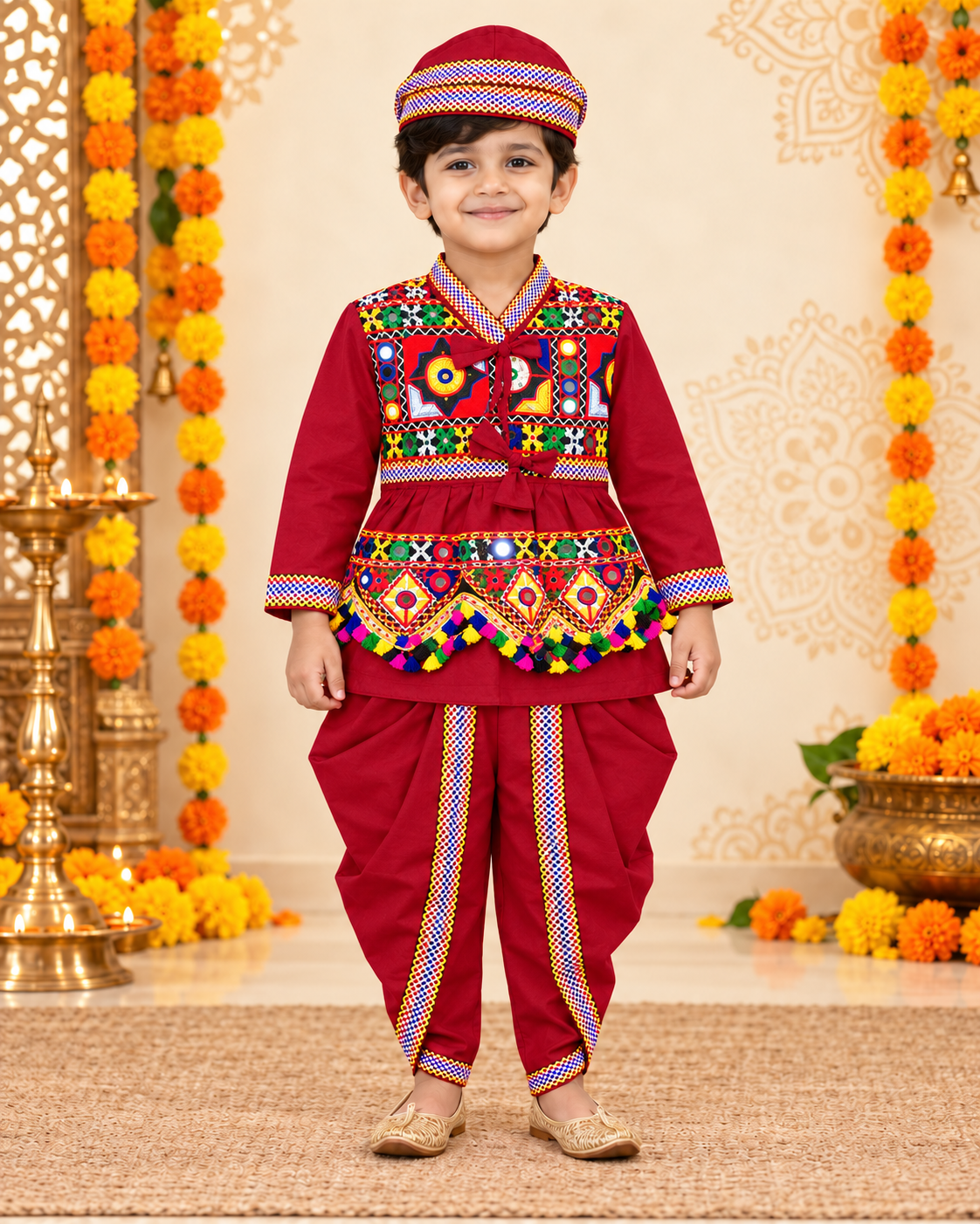 Boys Maroon Festive Angrakha Embroidered Dhoti Set with Matching Cap – 100% Cotton