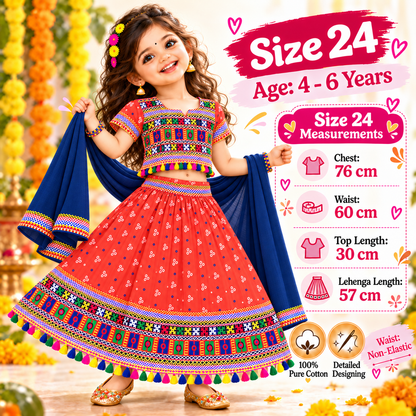 Girls Coral Orange Traditional Lehenga Choli Set with Navy Blue Dupatta – 100% Pure Cotton Festive Wear