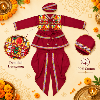 Boys Traditional Maroon Kedia Style Embroidered Dhoti Set with Matching Cap – 100% Cotton