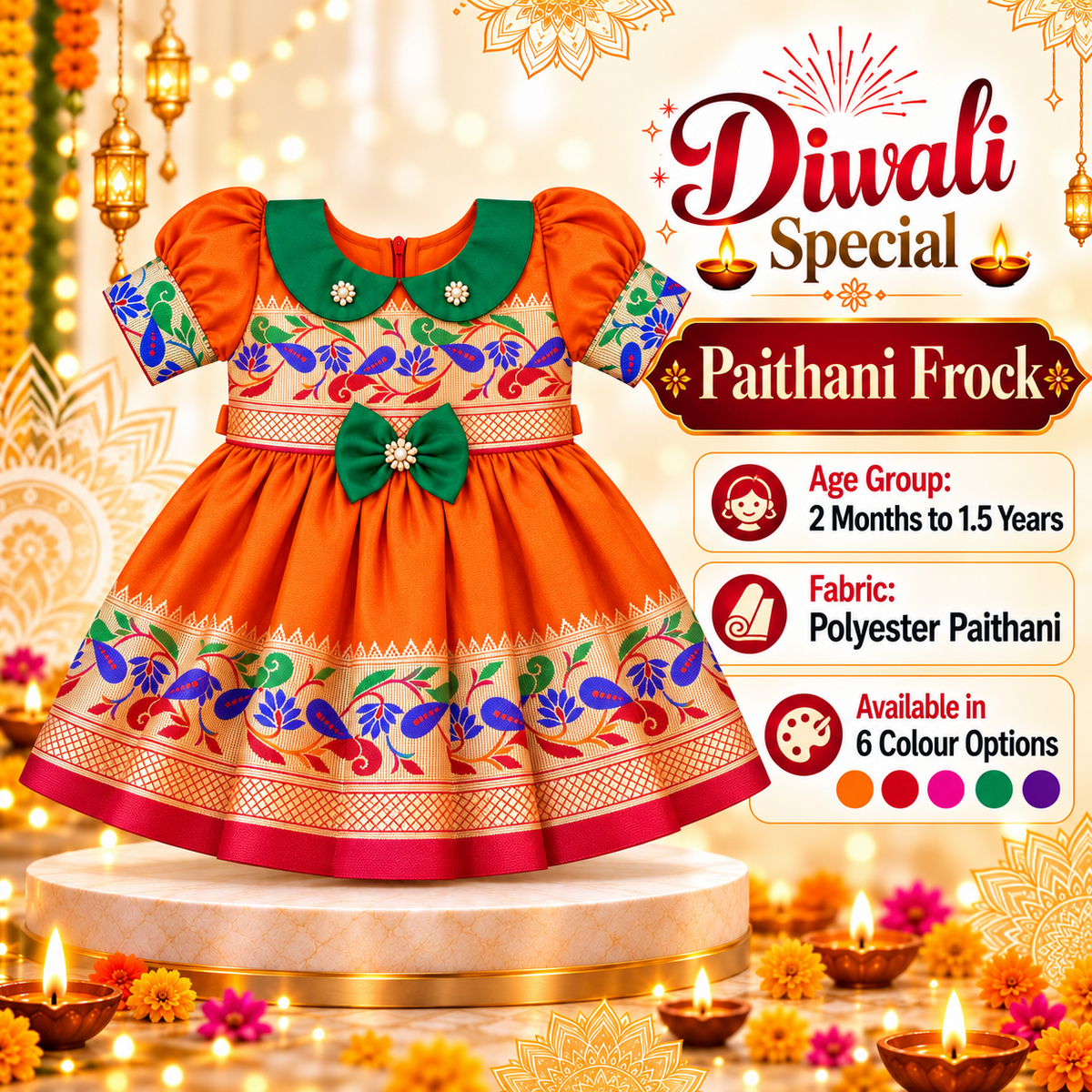 Girls Orange Peacock Border Paithani Frock with Green Bow | Baby Girls Festive & Party Wear