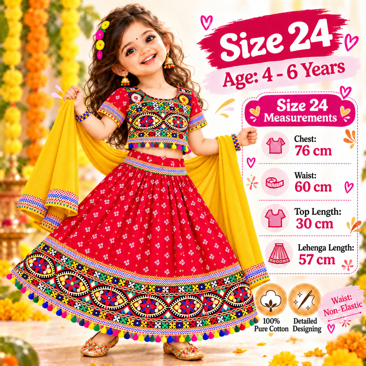 Girls Red Pure Cotton Ghagra Choli Set with Yellow Dupatta – Traditional Navratri Lehenga